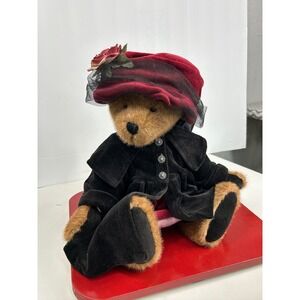 Vintage Artist Teddy Bear Dressed Black Velvet Coat Red Hat Flower Veil Handmade